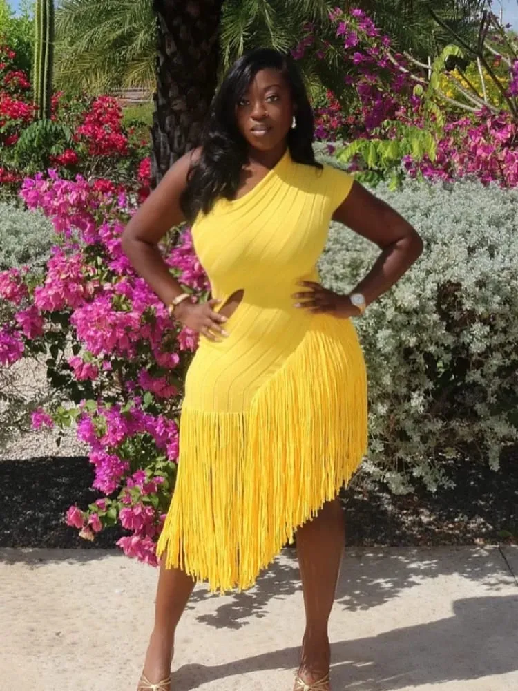 Fashion Yellow Knitted Irregular Dress Women Elegant Hollow Out Tassel Splicing Halter Sleeveless Vestido Summer Lady Club Gowns — image 4