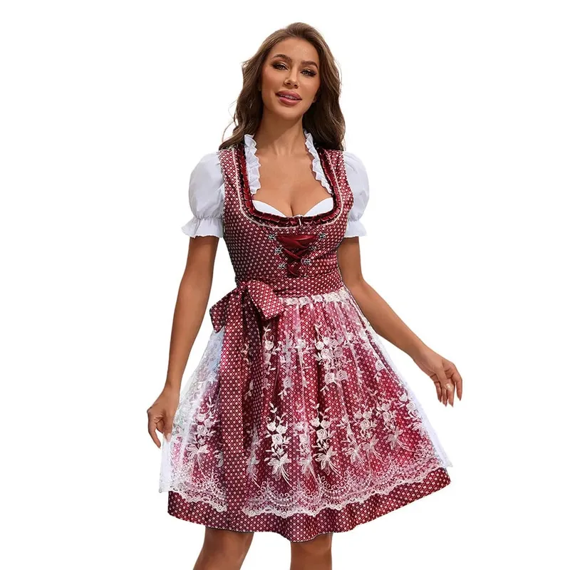 2025 Multicolor Munich Oktoberfest Dress for Women Bavarian Traditional Ethnic Print Beer Skirt with Top and Apron Maid Costume — image 8