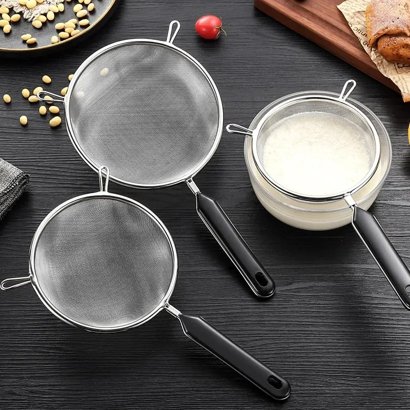 Ergonomic Kitchen Strainer for Christmas Recipes - 12 Inch with Non-Slip Handle & Hook Sturdy Fine Mesh for Draining and Rinsing