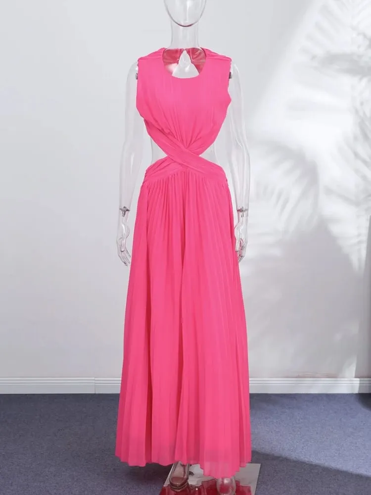 Hollow-out Pleated Maxi Dresses Women's Sleeveless Backless Waist-cinching O-neck Dress 2026 New Ladies Summer Vacation Outfit — image 6