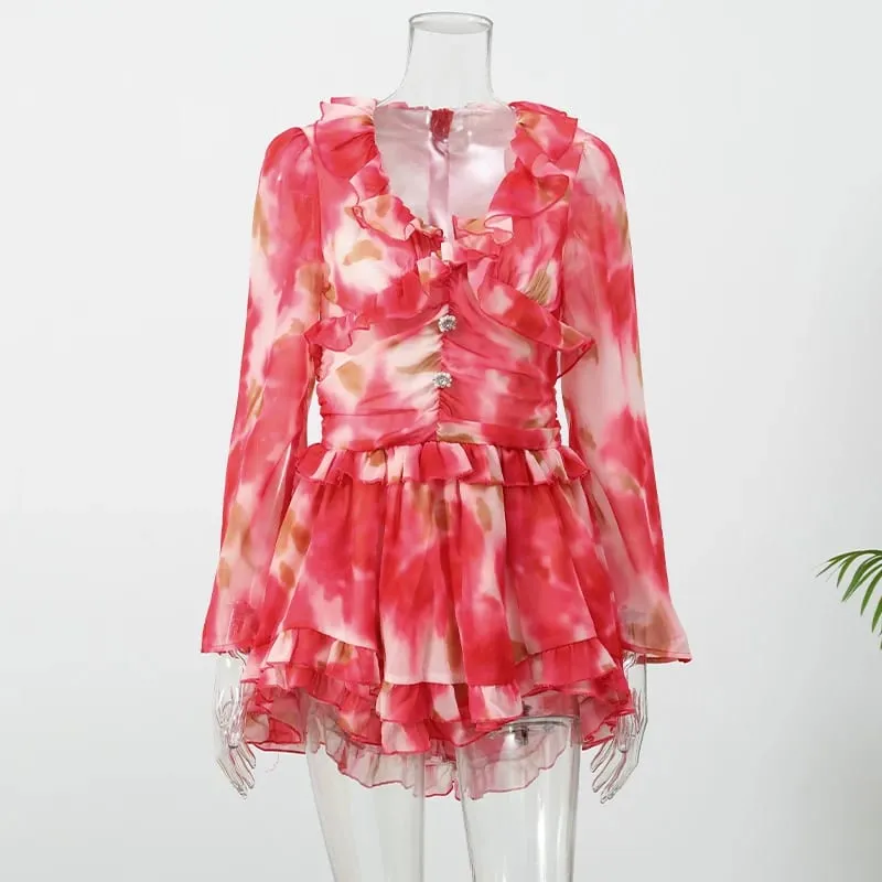 Women Elegant Floral A-line Pleated Dress Sexy Long-sleeved Waist Cinching Ruffle Mini Dresses 2026 Lady Vacation Street Gowns — image 8