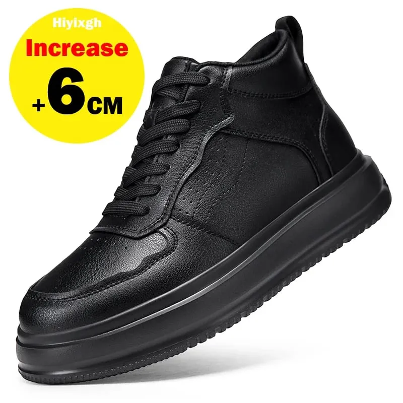 Genuine Leather Lift Sneakers Men's Elevator Shoes Heightening Insole 8cm Black High Shoes Men's Fashion Sports Plus Size 36-46