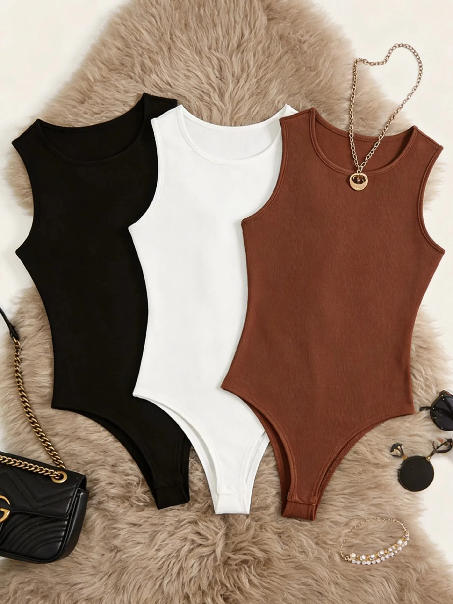 Women 3 Pack Solid Ribbed Round Neck Bodysuit Casual Sleeveless Form Fitting One Piece Bodysuit Set