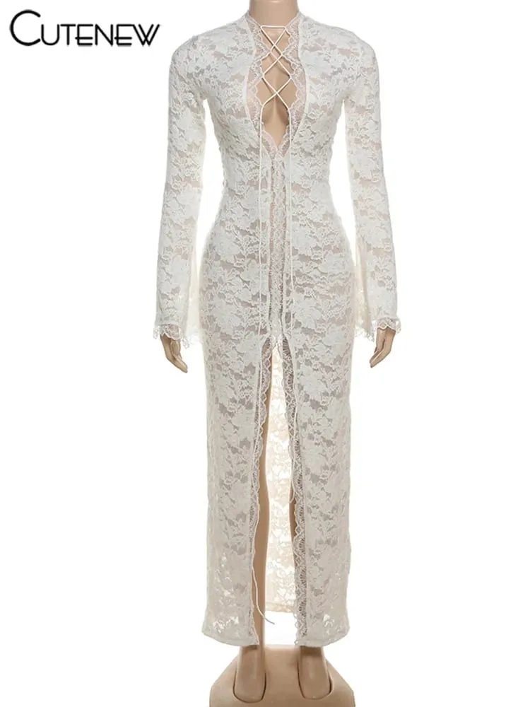 Cutenew-Vestido largo de encaje transparente para mujer, vestido Sexy liso de manga larga con cuello redondo, vestido ceñido, bata de noche impresionante para mujer