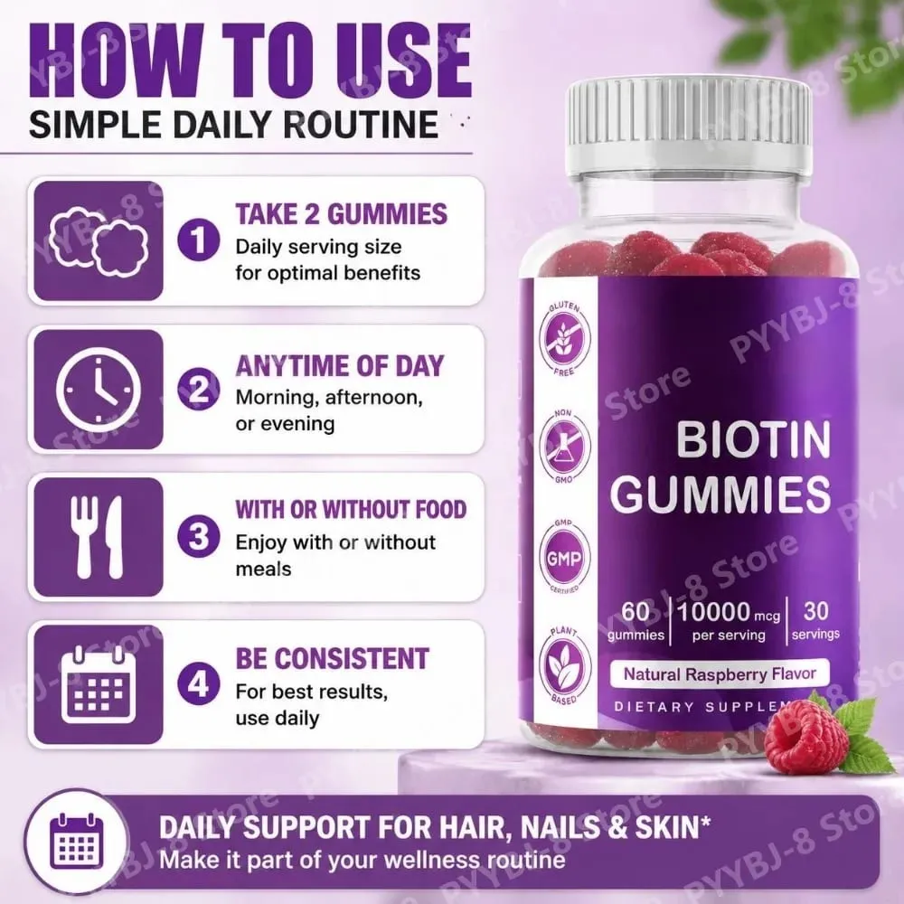 Biotin Gummies with Vitamin Vegan Gluten Free Soy Free Natural Raspberry Flavor Support Hair Nail and Skin Health 60 Gummies