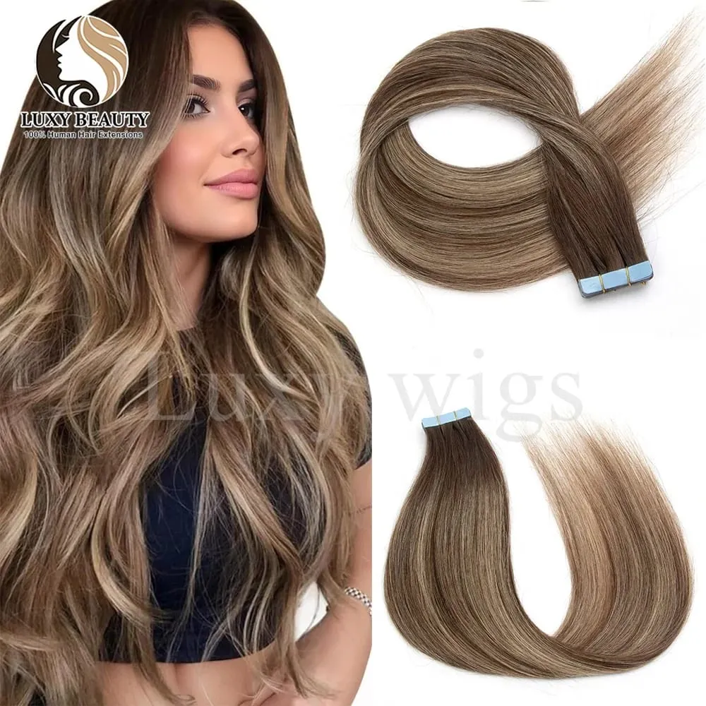 Highlights Brown Tape in Hair Extensions Human Hair Straight Black Blonde Seamless PU Skin Weft Tape In Hair Extensions 20PCS — image 13