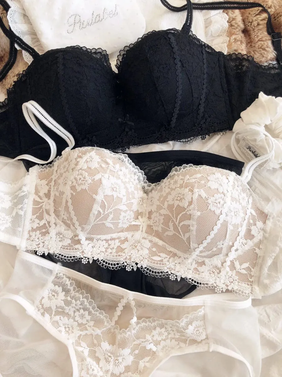 Women Seamless Underwear Set Sexy Lace Flowers Embroidery Bra Thicken 1/2 Cup Push Up Bras Detachable Strap Lingerie Panties Set — image 2