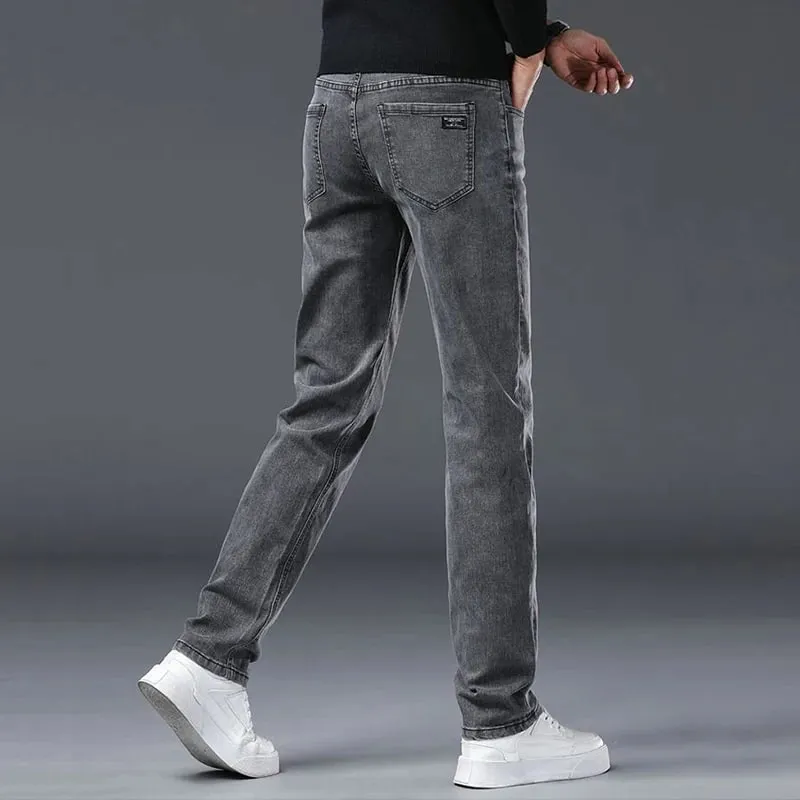 Spring New Men's Slim Fit Elastic Jeans Fashion Gray Comfortable Casual Denim Pants Korean Business Work Straight Black Trousers — image 4