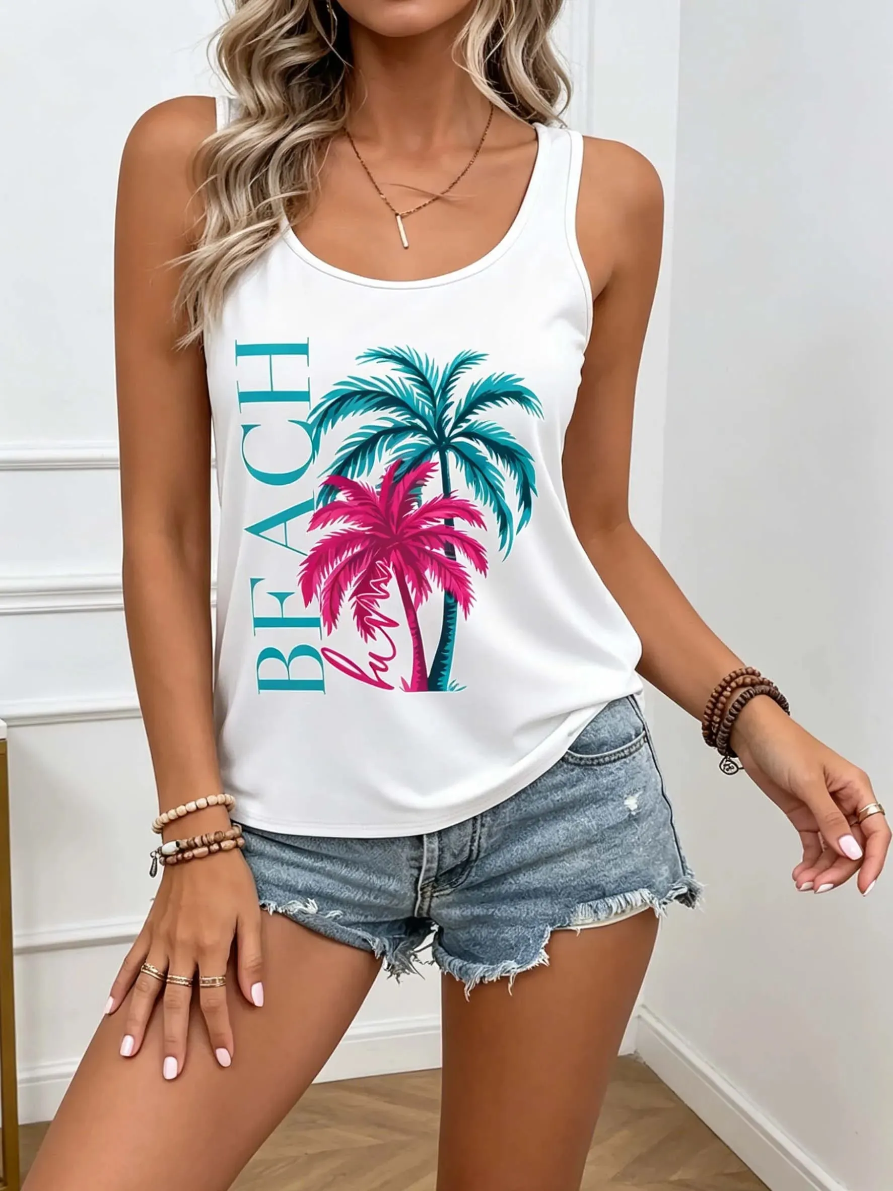 Women's Cool Summer Tops with Coconut Tree Prints Sleeveless Tops. Comfortable and Casual Beachwear for a Vacation Style. — image 10