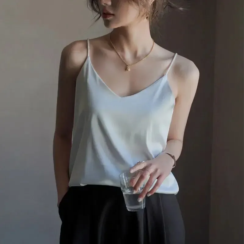 Women Halter V Neck Basic White Cami Spaghetti Strap Top Sleeveless Satin Silk 2026 Tank Tops Women'S Summer Camisole — image 13