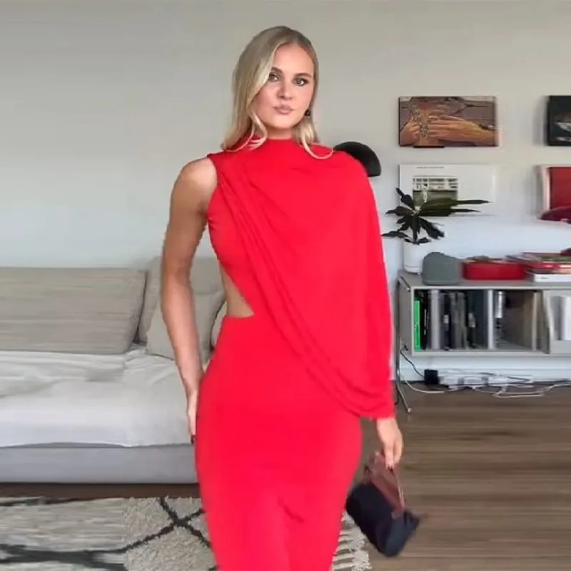 Czerwona asymetryczna drapowana sukienka maxi z odkrytymi plecami sukienka na jedno ramię na szyję wycięcie Bodycon suknia wieczorowa dla kobiet formalne przyjęcie — image 3