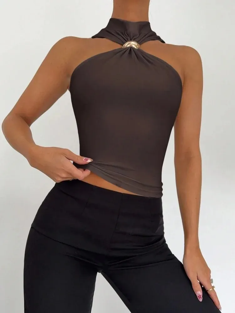 Metal Ring Decor Twist Knot Sleeveless Tank Top for Women Summer Casual Elegant Office Style Halter Neck Slim Fit Crop Top — image 6