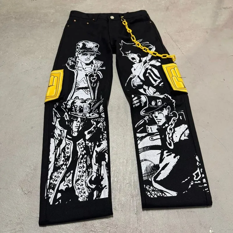 Anime Print Baggy Jeans Men Harajuku Hip Hop Black Denim Pants Streetwear Y2K Manga Graphic Wide Leg Trousers Gothic Clothes — image 8