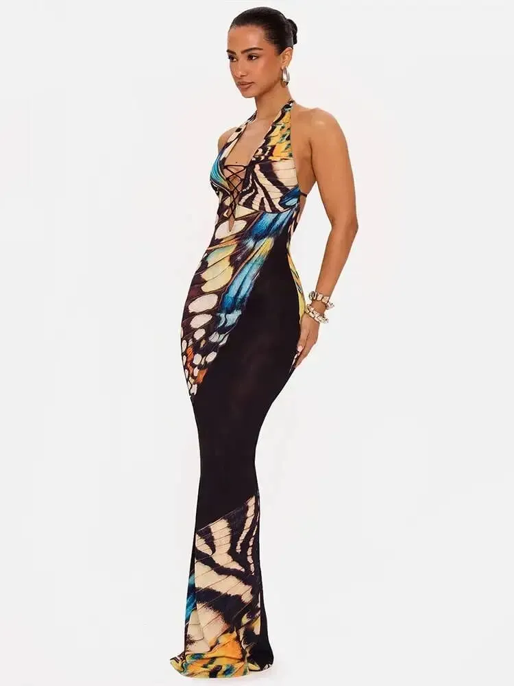 Mozision Women Butterfly Print Halter Maxi Dress Deep V Neck Bodycon Long Dress Sleeveless Backless Evening Party Club Dresses — image 4