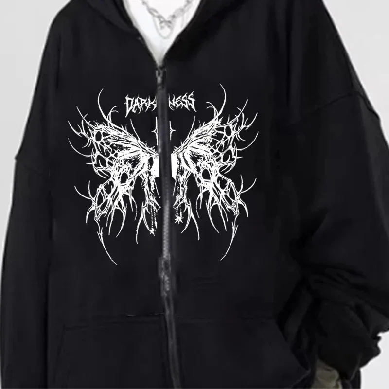 Men Gothic Dark Angel Zipper Hoodie Women Vintage Fashion Streetwear Y2K Hip Hop Long Sleeve Fleece Sweatshirts Jacket Coat — image 2