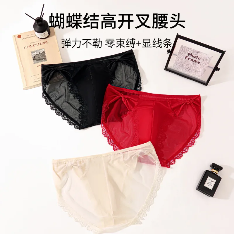 Women Panties for Men Bow High Cut Briefs Lace Mesh Sheer Underwear U Convex Pouch Breathable Underpant French Style Nightwear — image 21