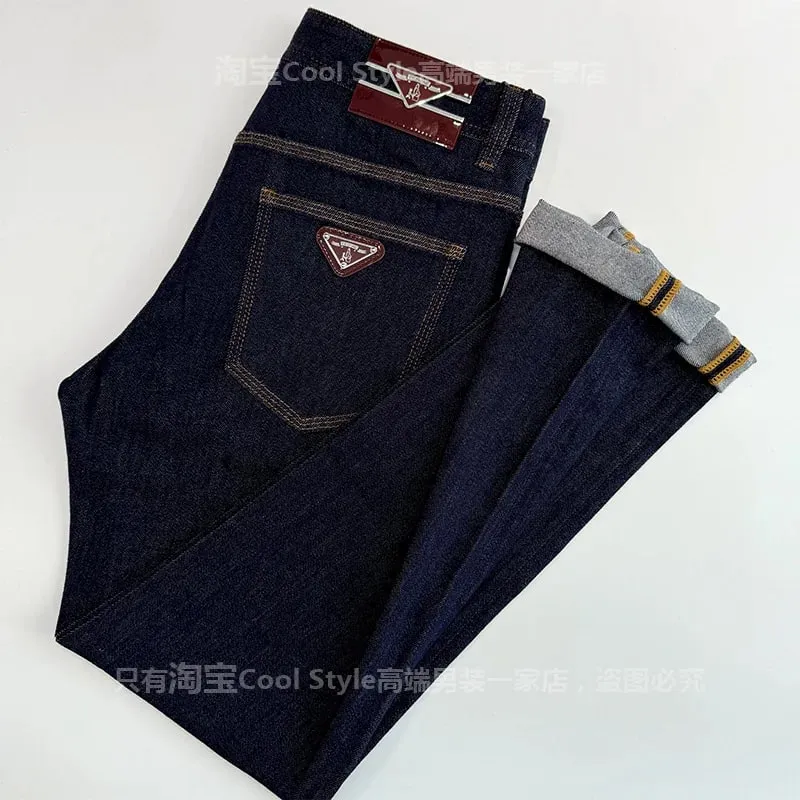 Light luxury trend high-end jeans men's slim fit small feet versatile elastic original color denim long pants — image 1