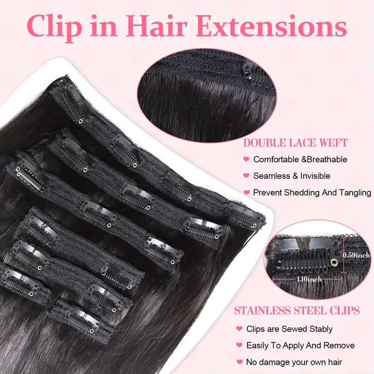 20" Straight Super Long 7pcs Set Thick Clip in on Hair Extensions Straight Full Head Black for Women Synthetic Hair