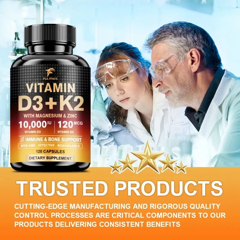 High Absorption Vitamin D3+K2 Supplement with Magnesium & Zinc Supports Bone Teeth Muscle & Immune Health for Daily Life