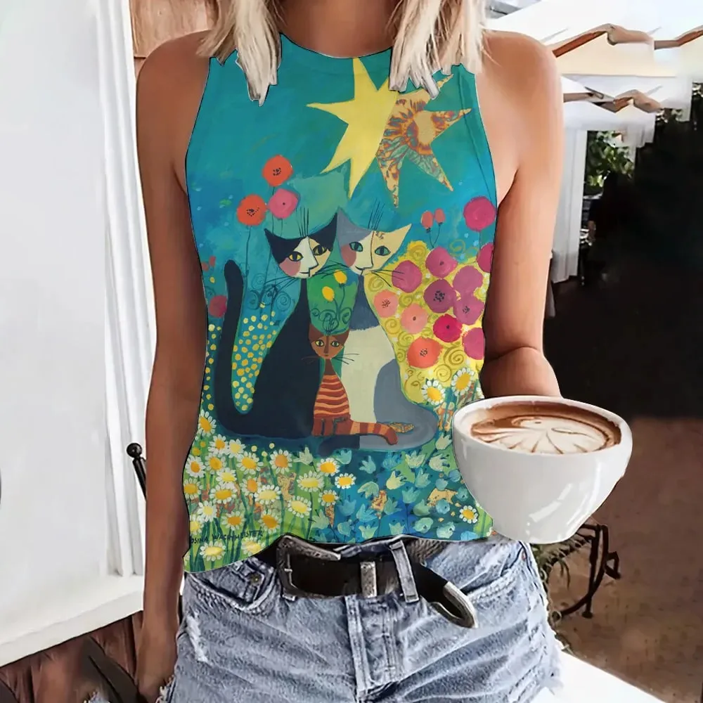 Estate Divertente Faccia Gatto Stampa 3D Canotte Moda Donna Streetwear Oversize O-Collo Gilet con Spalle Senza Maniche Donna Canotta