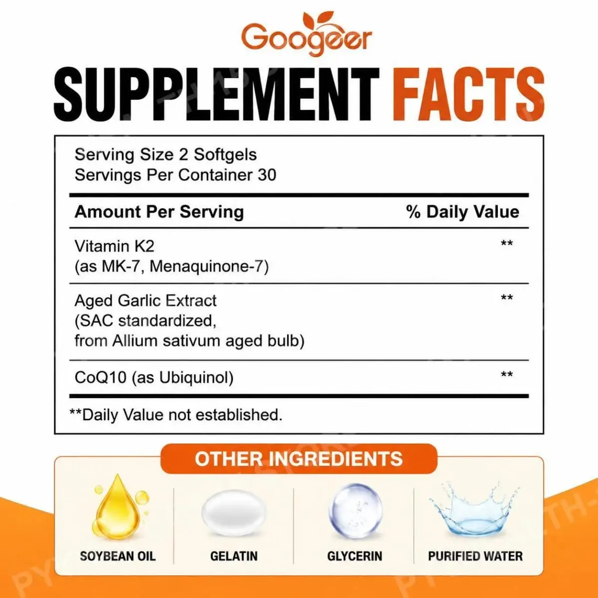 Googeer Aged Odorless Garlic Softgels with CoQ10 Ubiquinol Vitamin K2 MK-7 Heart Circulation Energy Immune Support 60 Count — image 3