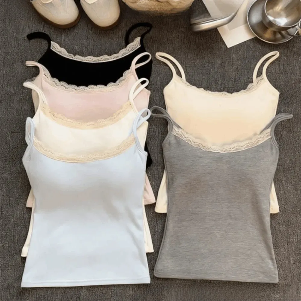 Fashion with Chest Pad Camis Tank Tops Integrated Top Elastic Lace Tops Versatile Slim Vest Women Clothes — image 1
