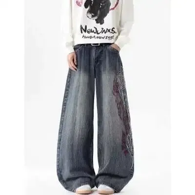 Men's Loose Straight Leg Jeans Pattern Embroidered Baggy Jeans Y2K Gothic Harajuku Hip Hop Straight High Waist Wide Leg Pants — image 4