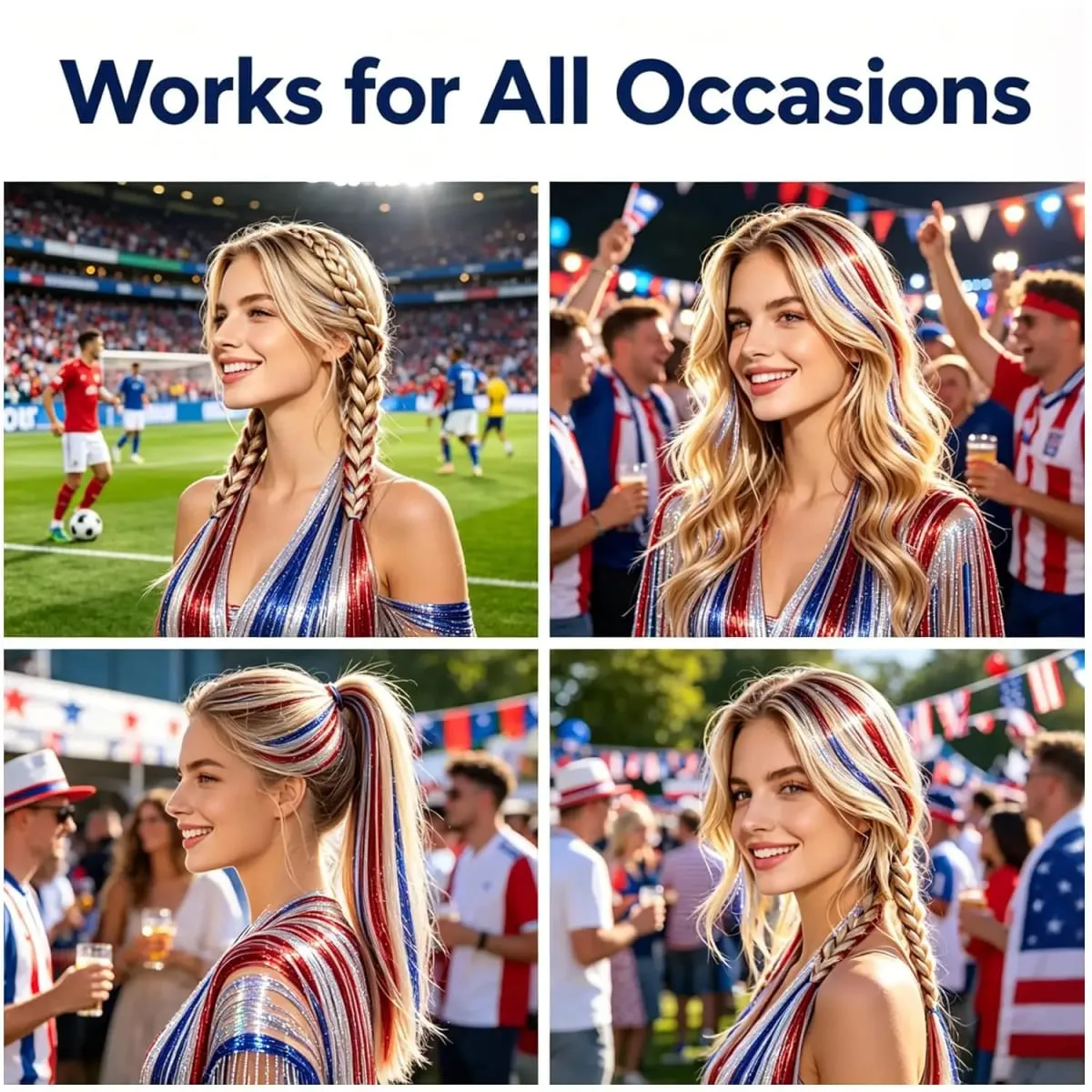 Red Silver Blue Hair Tinsel Set Clip in 12Pcs Sparkle Soccer Game Day Hair Accessories Loose Tinsel For Sports Fans Synthetic — image 4