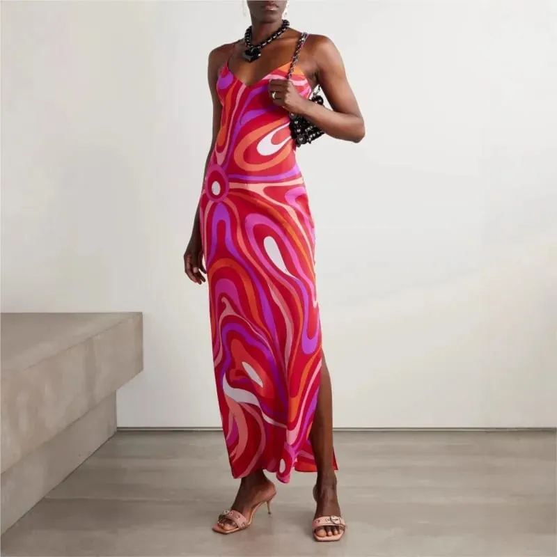 Bohemian Fashion Printed Women's Dress Summer Sexy Beach Vacation V-neck Strap Dresses Ladies Elegant Slit Hem A-line Vestidos — image 5