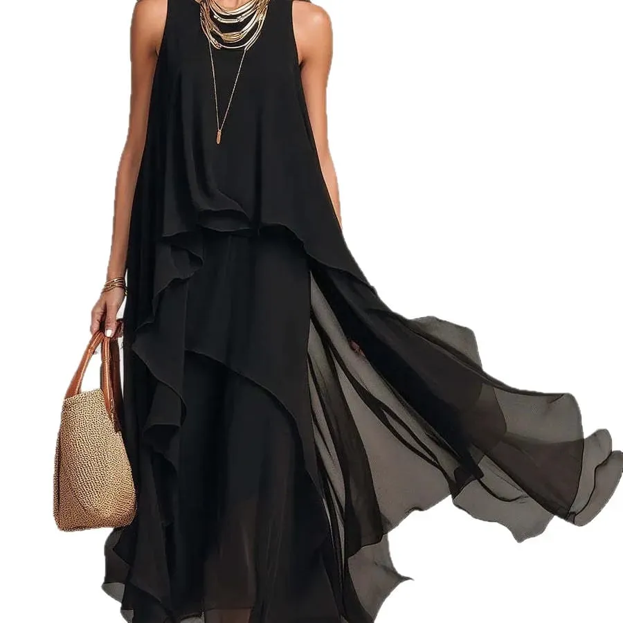 2026 new black sleeveless irregular chiffon long dress with elegant temperament for women — image 6