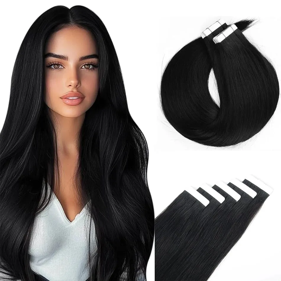 Seamless Tape In Hair Extensions Straight Remy Human Hair Invisible Skin Weft Tape In Brazilian Natural Black