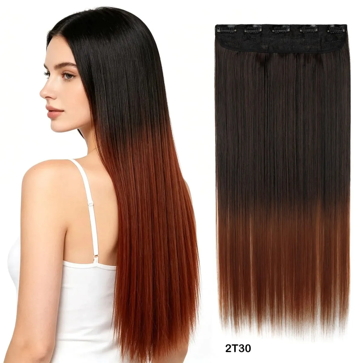 One Piece 5 Clips Long Straight Synthetic Clip In Hair Extension Ombre Gradient Color Hairpiece For Daily Party