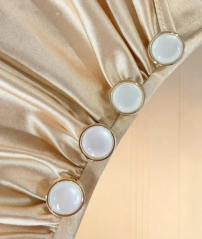 Women'S New V-Neck Short Sleeve Pleated Waist Button-Decorated Side Slit Fitted Dress Satin Dress Elegant Women'S Dress Champagn — image 5