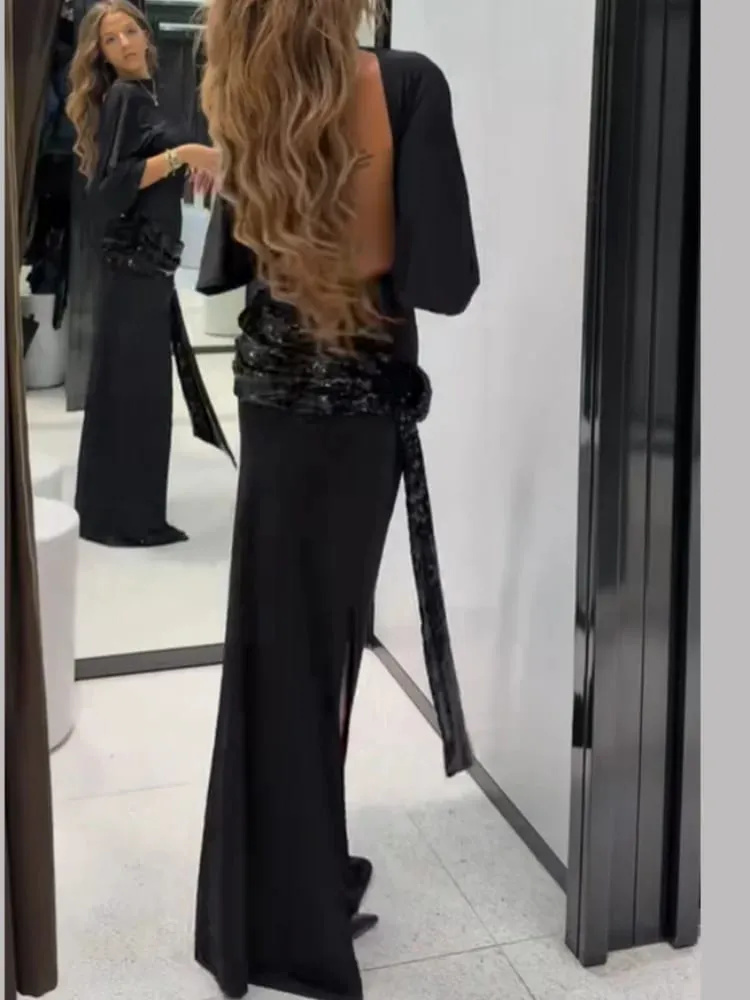 Sequin Patchwork Backless Dress Women Elegant Solid Middle Sleeve Cinched-waist Slim Long Dresses Fashion Evening Party Vestidos — image 4