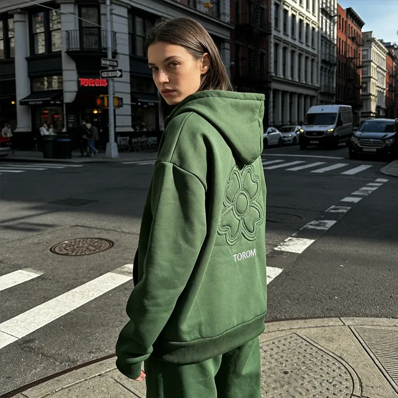 Olive Green Embroidered Zip Hoodie & Pants Set Men Streetwear Trendy Loose Casual 2-Piece Tracksuit New 2025 Fashion — image 5