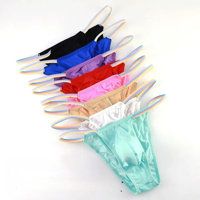 Men Low Waist Panties Bikini Underwear Ice Silk Wet Translucent U Convex Pouch Lingerie Underpants Thin High Fork String Homme
