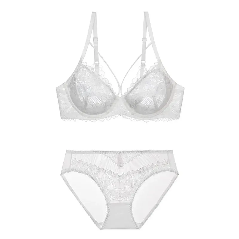 L'bellagiovanna Plus Size Minimizer Bra Set Strappy Caged Lace Lingerie Embroidery Sheer Mesh Bralette Underwire Unlined Bra B-E