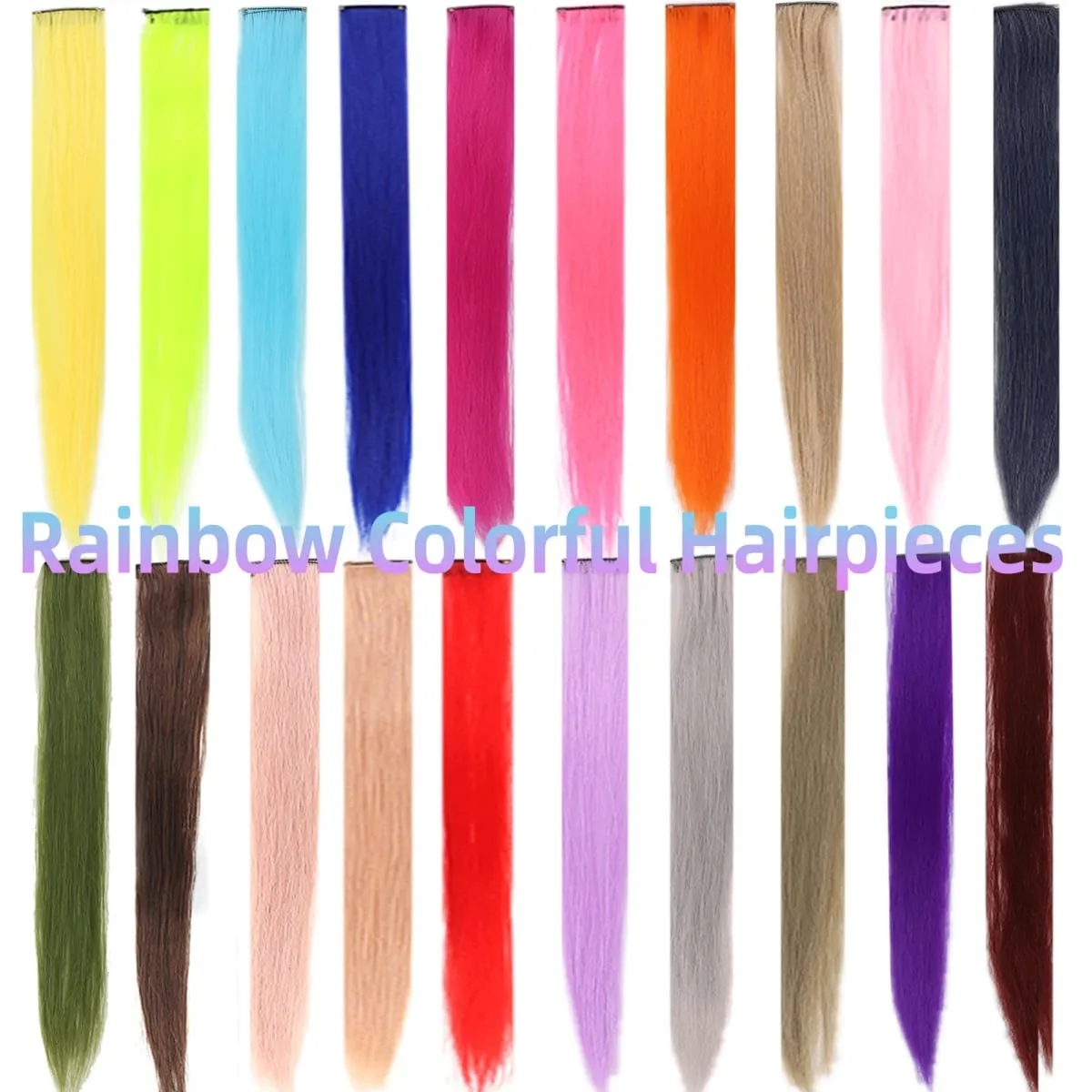 22 Inch Colored Highlight Synthetic Hair Extensions Rainbow Long Straight Hairpieces for Women Kids Girls Purple Pink Blue