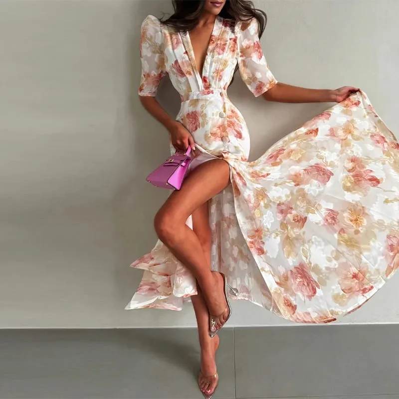 Elegant Printed Waistband Women's Summer Dress Waist Cinched Satin V-neck Puff Sleeve Buttons Dresses 2026 Holiday Short Vestido — image 6