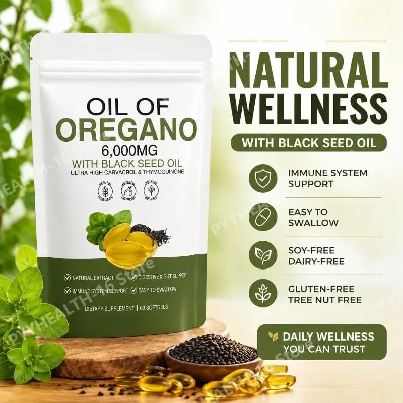 Oil of Oregano Softgels 6000mg with Black Seed Oil for Immune System & Digestive Support Soy-Free Gluten-Free 60 Softgels — image 1