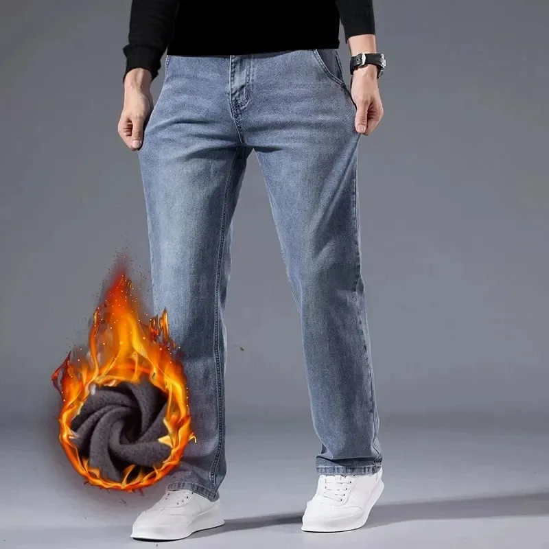 Winter Fleece Men Jeans Thick Stretch Business Casual Trousers Classic Loose Straight Warm Velvet Denim Pants Office Daily Wear — image 6