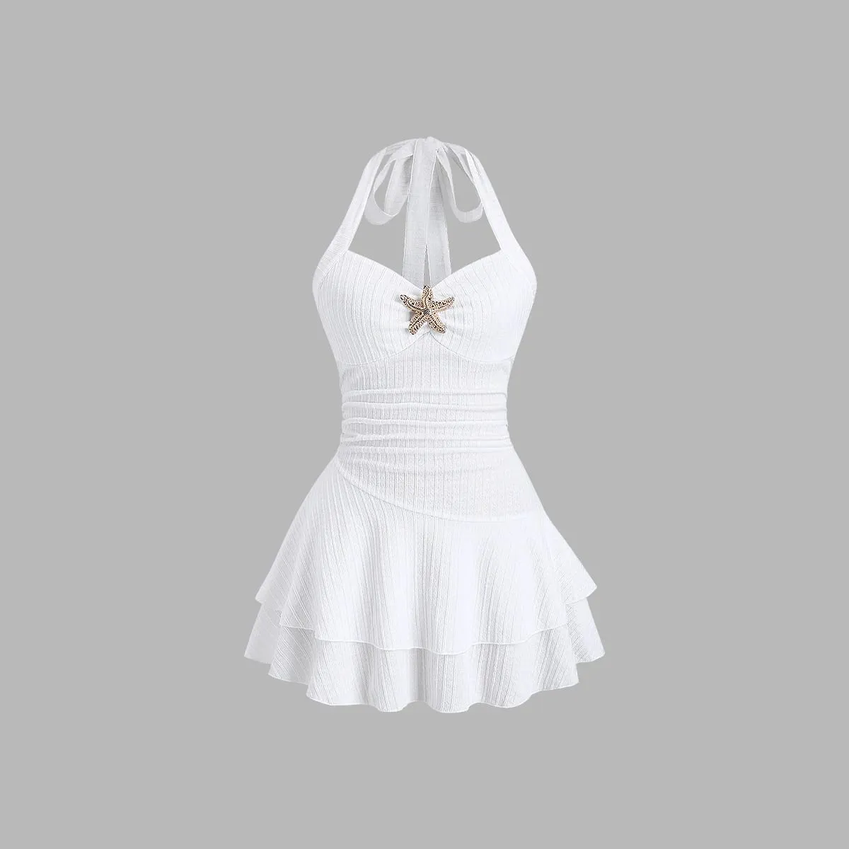 White Halter Neck Mini Dress Women's Ruffled Starfish Embellished Summer Casual Evening Gown — image 2