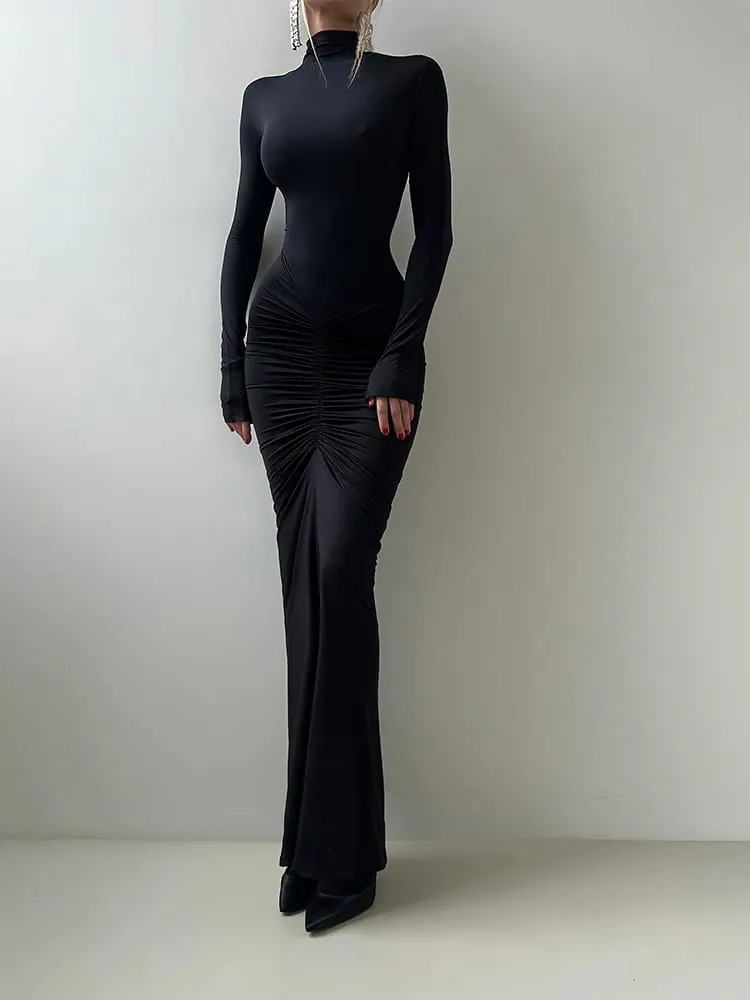 Sisterlinda Autumn New Style Long Dress Woman Turtleneck Full Sleeve Skinny High Stretch Daily Casual Fashion Elegant Vestidos — image 4