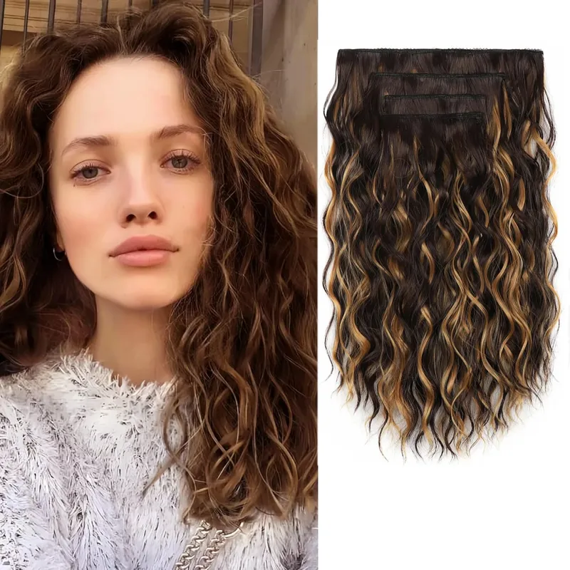 4PCS Synthetic Hair Extensions 14inch Short Curly Wavy Brown Blonde Invisible Lace Weft Natural Soft Hairpieces for Women