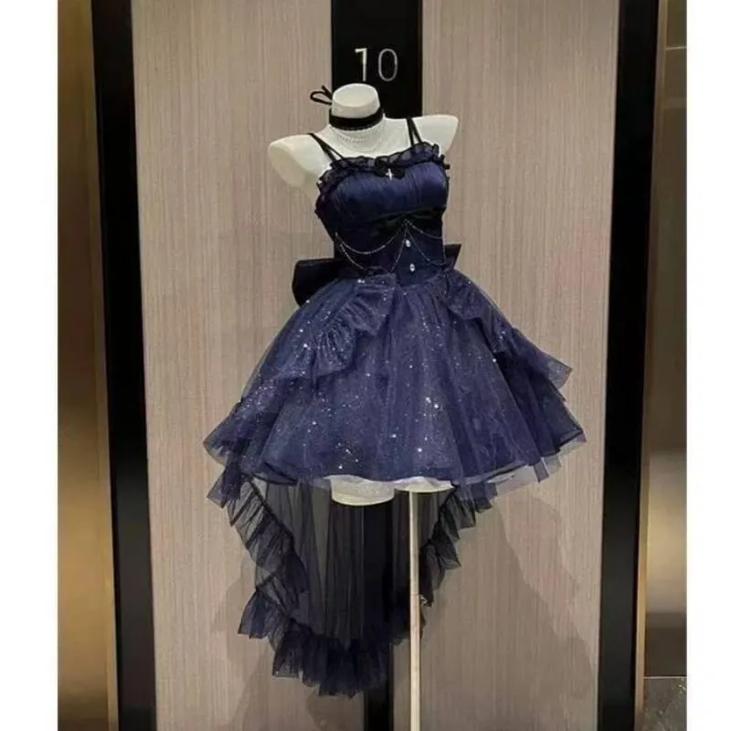 Gothic Red Lolita JSK Dress Women Spaghetti Strap Ruffle Tulle Skirt Chain Bow Decor High Low Hem Vintage Princess Party Dress — image 7