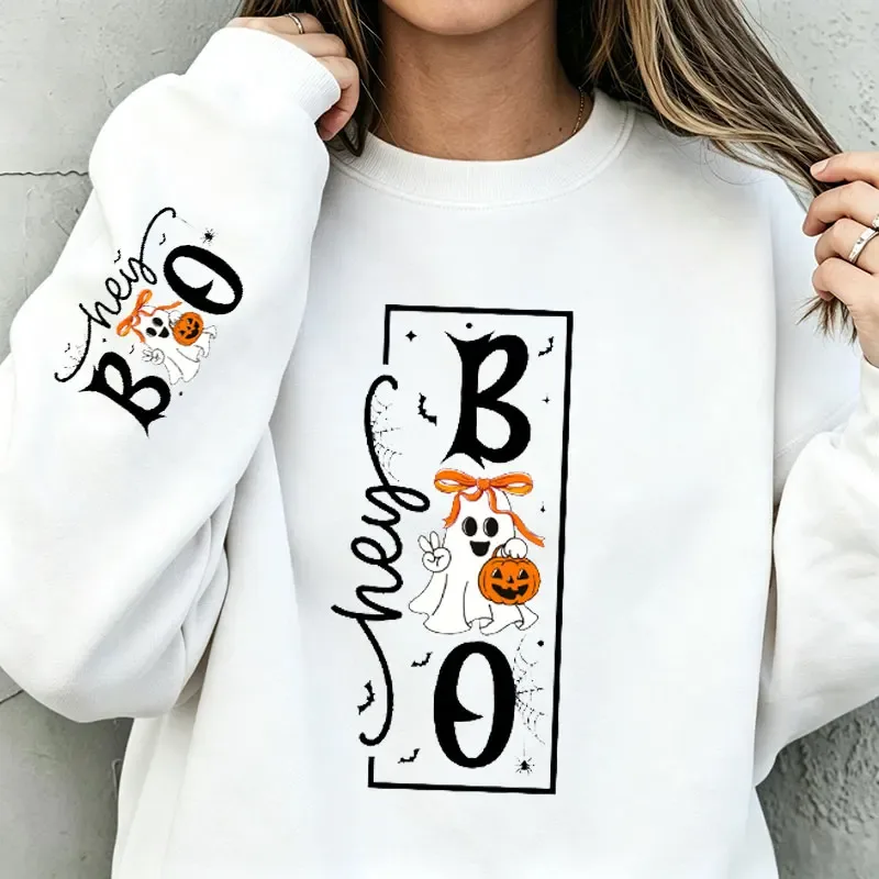 Cute Bow Ghost Pumpkin Hoodies Graphic Halloween Hey Boo Unisex Sweatshirt Crewneck Long Sleeve Fall Pullover Cotton Tops 330gsm — image 2