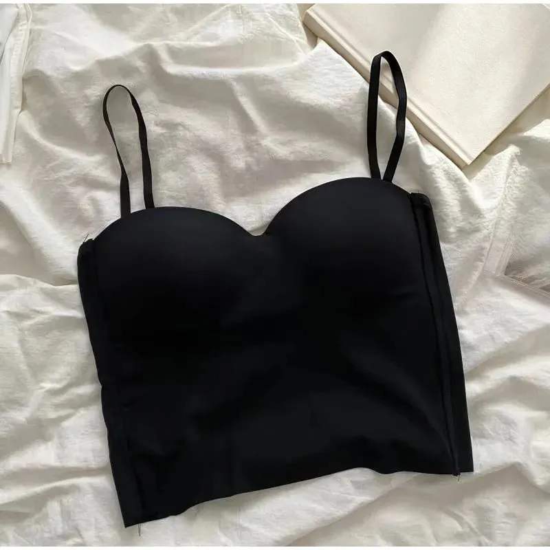 Ladies Thin Ice Silk Camisole Vest French Back Integrated Fixed Cup Traceless Vest Inside Match Outside Wear Short Hot Girl Top