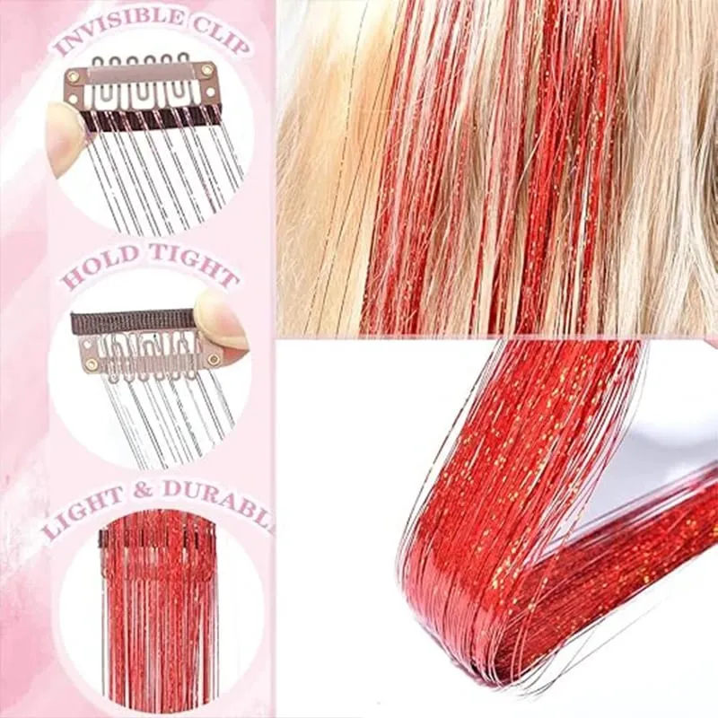 12Pcs Clip in Hair Tinsel Kit Red Hair Tinsel 22Inch Tinsel Hair Extensions Christmas Hair Tinsel Party Festival Accessories — image 3