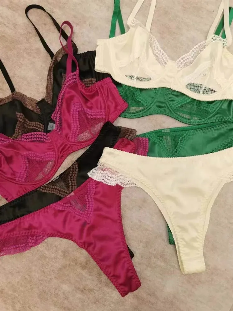 Satin Dessous-Set Französischer Spitzen-BH mit Vorder-Verschluss - Ultra dünn Minimizer & Push Up für jede Größe BANERDANNI AB — image 4
