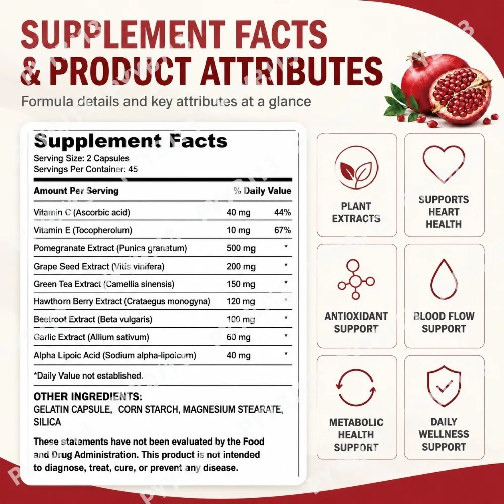 Pomegranate Extract Capsules with Grape Seed Green Tea Hawthorn Beetroot Vitamins C & E Daily Antioxidant Support 90 Count — image 3